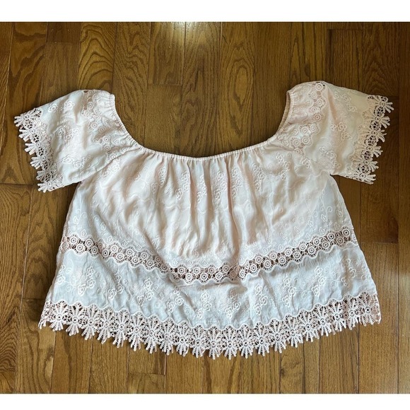Jeans x Buffalo Chemical Lace Crop Top, Square Neck, Short Sleeve, Pink, size XL - Picture 5 of 12